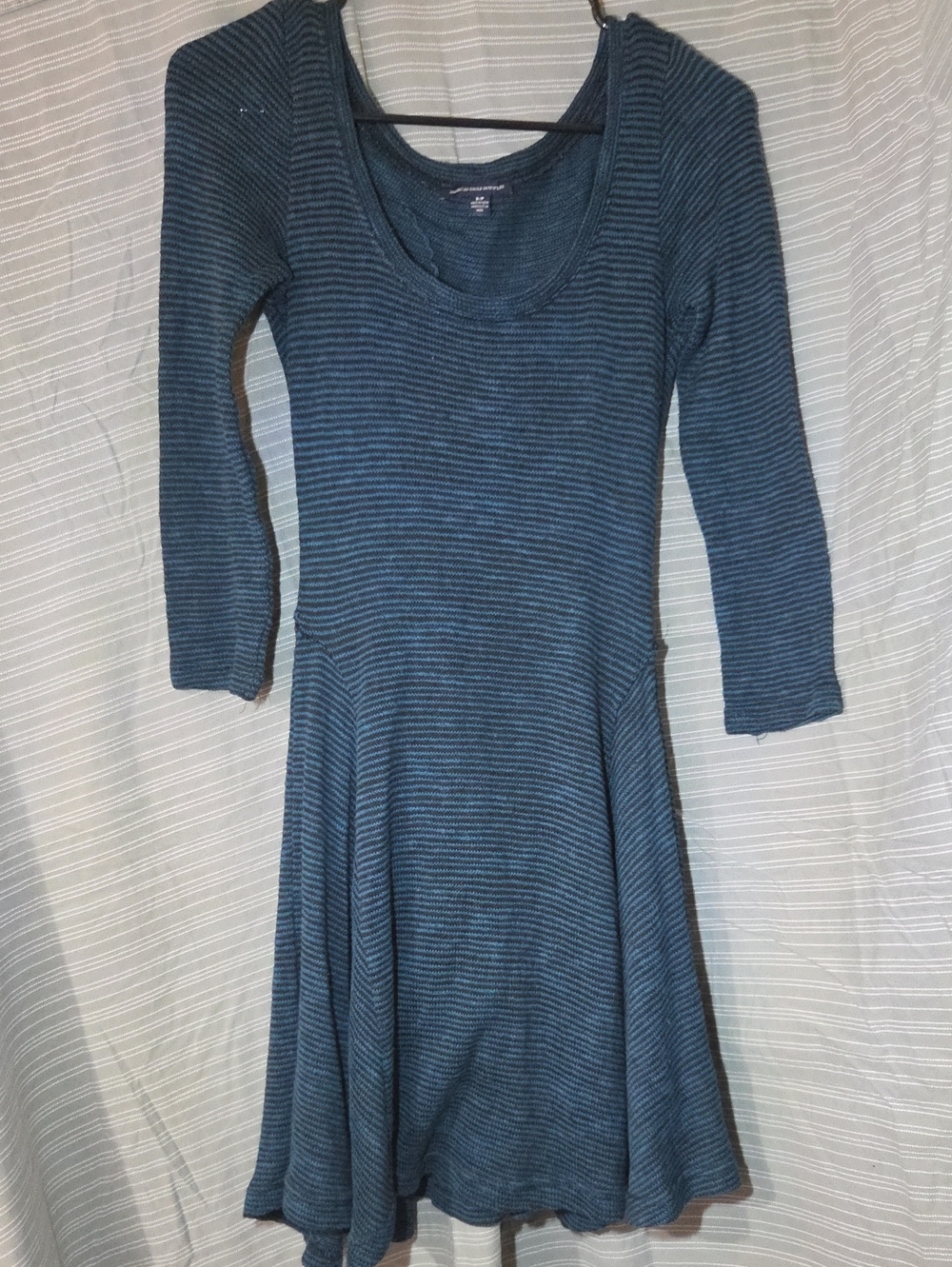 American Eagle Dark Teal Striped Scoop-Neck Fit-and-Flare Dress - flaw see desc